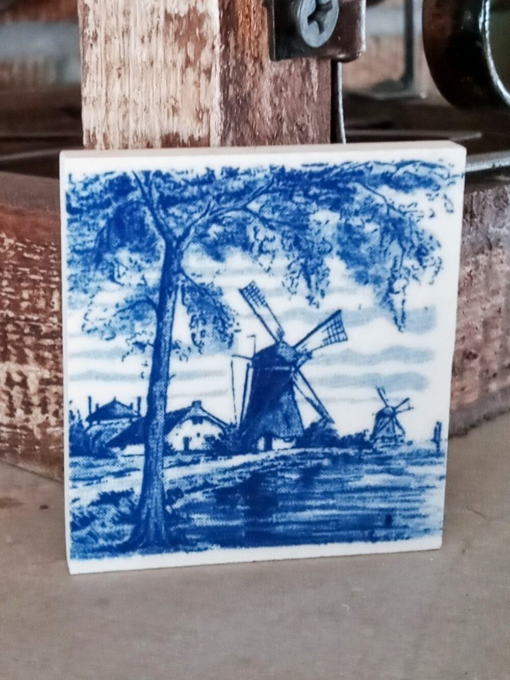 Vintage Delft Holland Blue & White Windmill Tree Scene Small Ceramic Tile